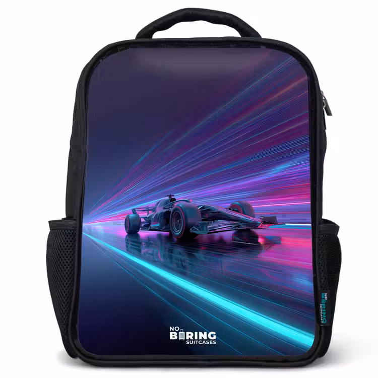 Kids backpack - Black - Neon - Race car - Light stripes - Purple — 1