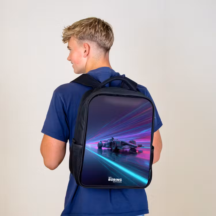 Kids backpack - Black - Neon - Race car - Light stripes - Purple — 5