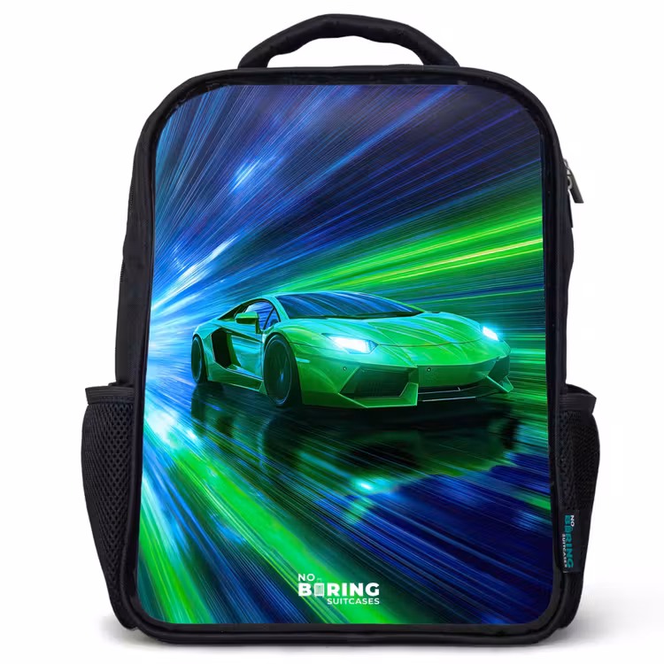 Kids backpack - Black - Race car - Bright green - Beams of light - Speed — 1