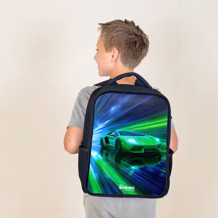 Kids backpack - Black - Race car - Bright green - Beams of light - Speed — 2
