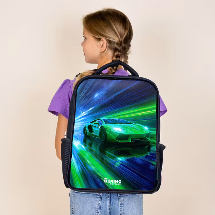 Kids backpack - Black - Race car - Bright green - Beams of light - Speed — 4