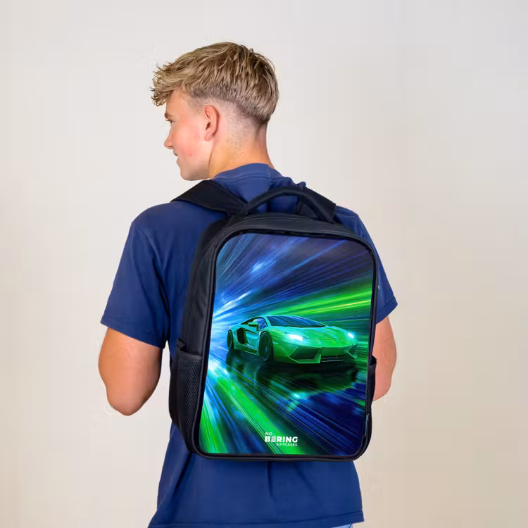 Kids backpack - Black - Race car - Bright green - Beams of light - Speed — 5