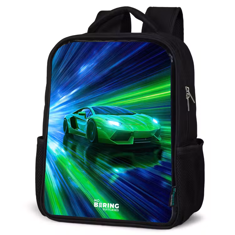 Kids backpack - Black - Race car - Bright green - Beams of light - Speed — 6