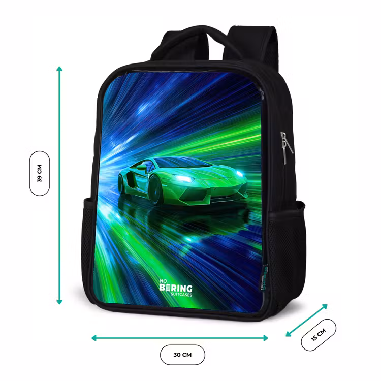 Kids backpack - Black - Race car - Bright green - Beams of light - Speed — 8