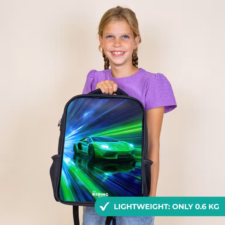 Kids backpack - Black - Race car - Bright green - Beams of light - Speed — 9