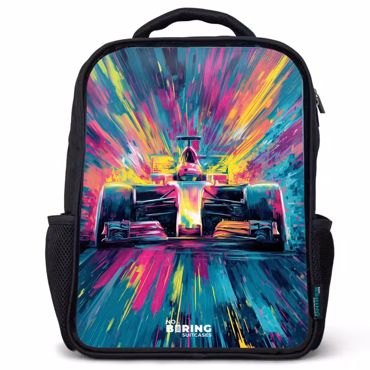 Kids backpack - Black - Race car - Explosion - Colorful - Abstract — 1