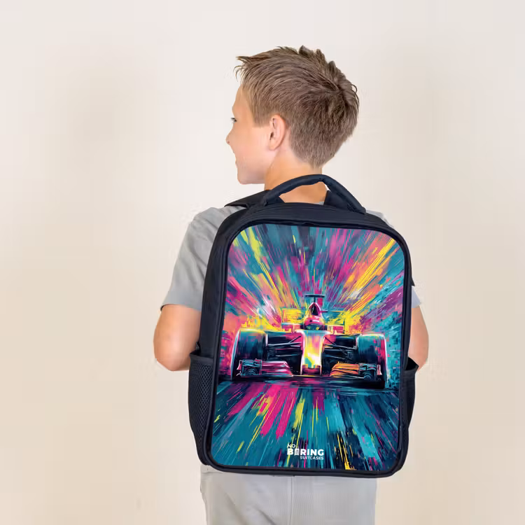Kids backpack - Black - Race car - Explosion - Colorful - Abstract — 2