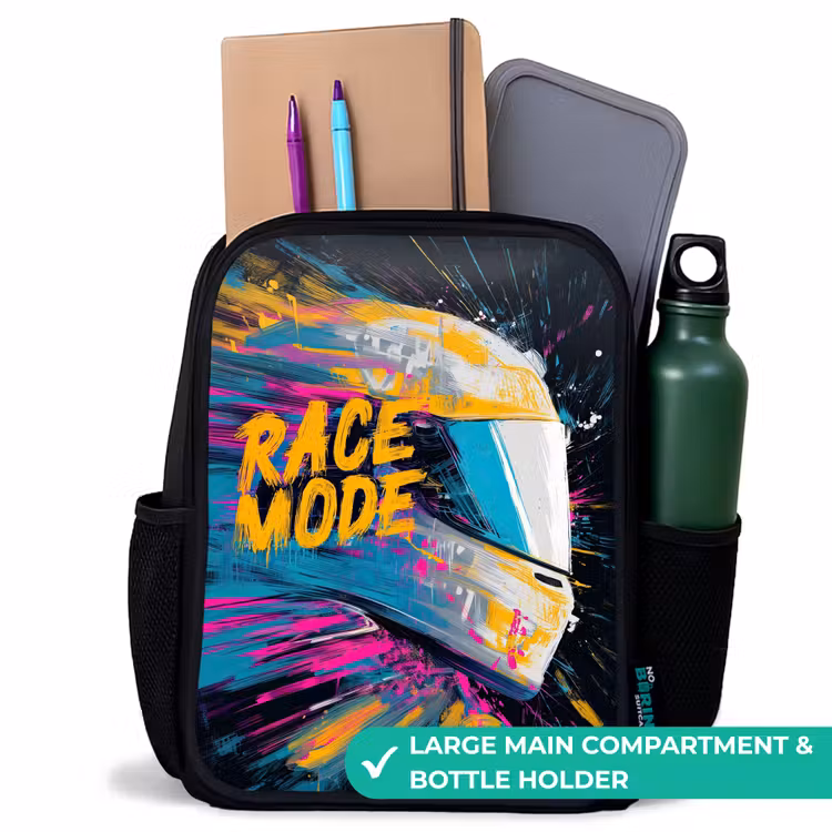 Kids backpack - Black - Racing helmet - Paint splashes - Brush strokes - Racing fashion — 10