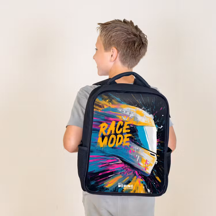 Kids backpack - Black - Racing helmet - Paint splashes - Brush strokes - Racing fashion — 2