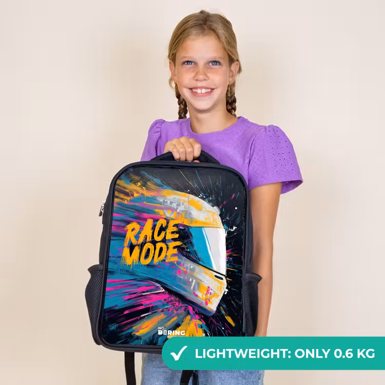 Kids backpack - Black - Racing helmet - Paint splashes - Brush strokes - Racing fashion — 9