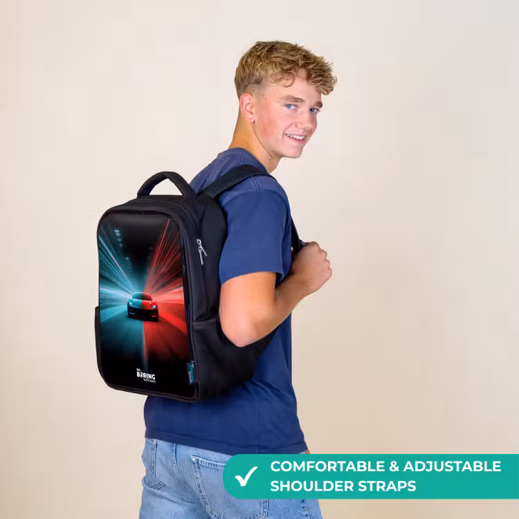 Kids backpack - Black - Sports car - Beams of light - Neon - Blue — 11