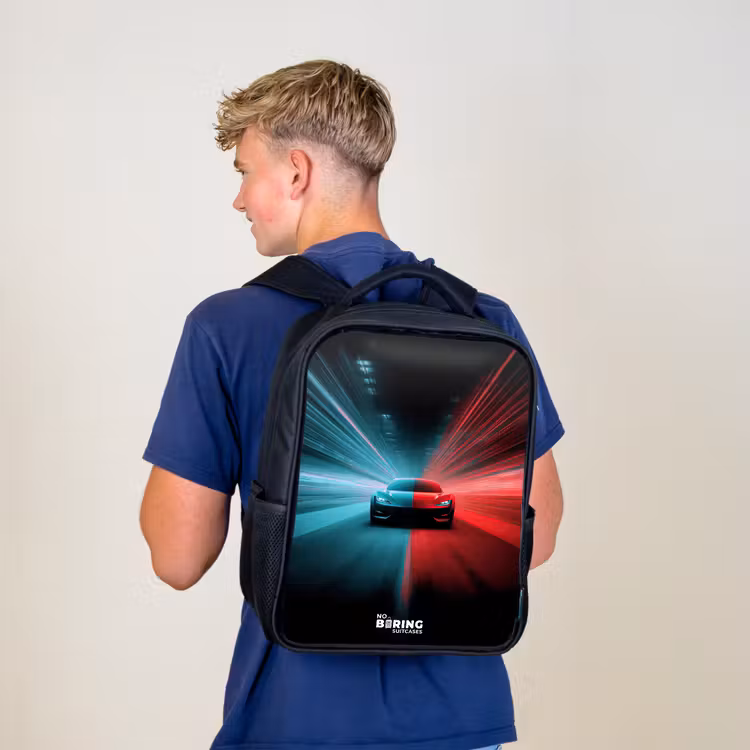 Kids backpack - Black - Sports car - Beams of light - Neon - Blue — 5