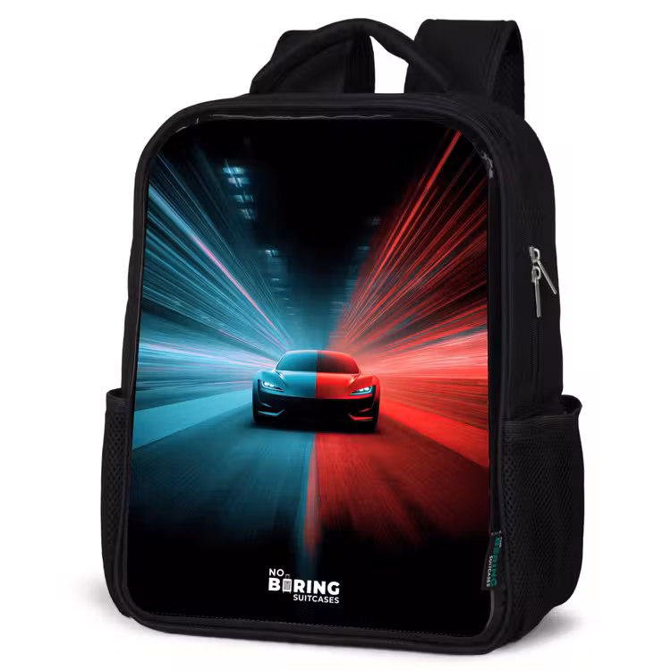 Kids backpack - Black - Sports car - Beams of light - Neon - Blue — 6