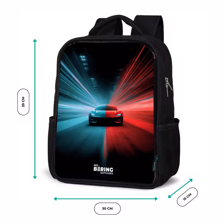 Kids backpack - Black - Sports car - Beams of light - Neon - Blue — 8