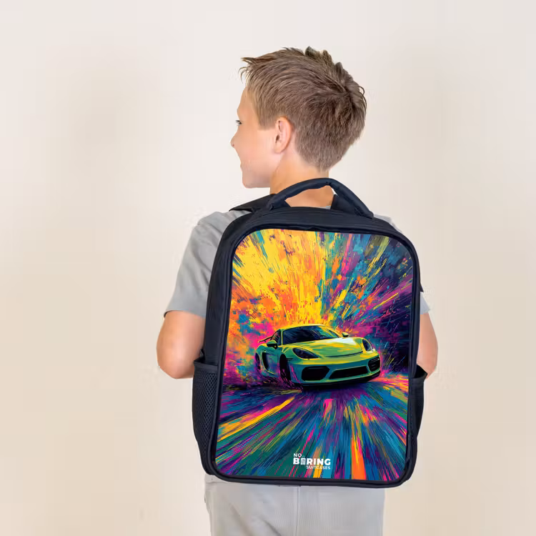 Kids backpack - Black - Sports car - Explosion - Colorful - Paint stripes — 2
