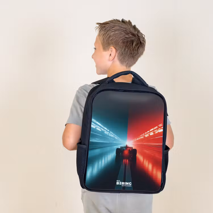 Kids backpack - Black - Track - Race car - Neon - Red — 2