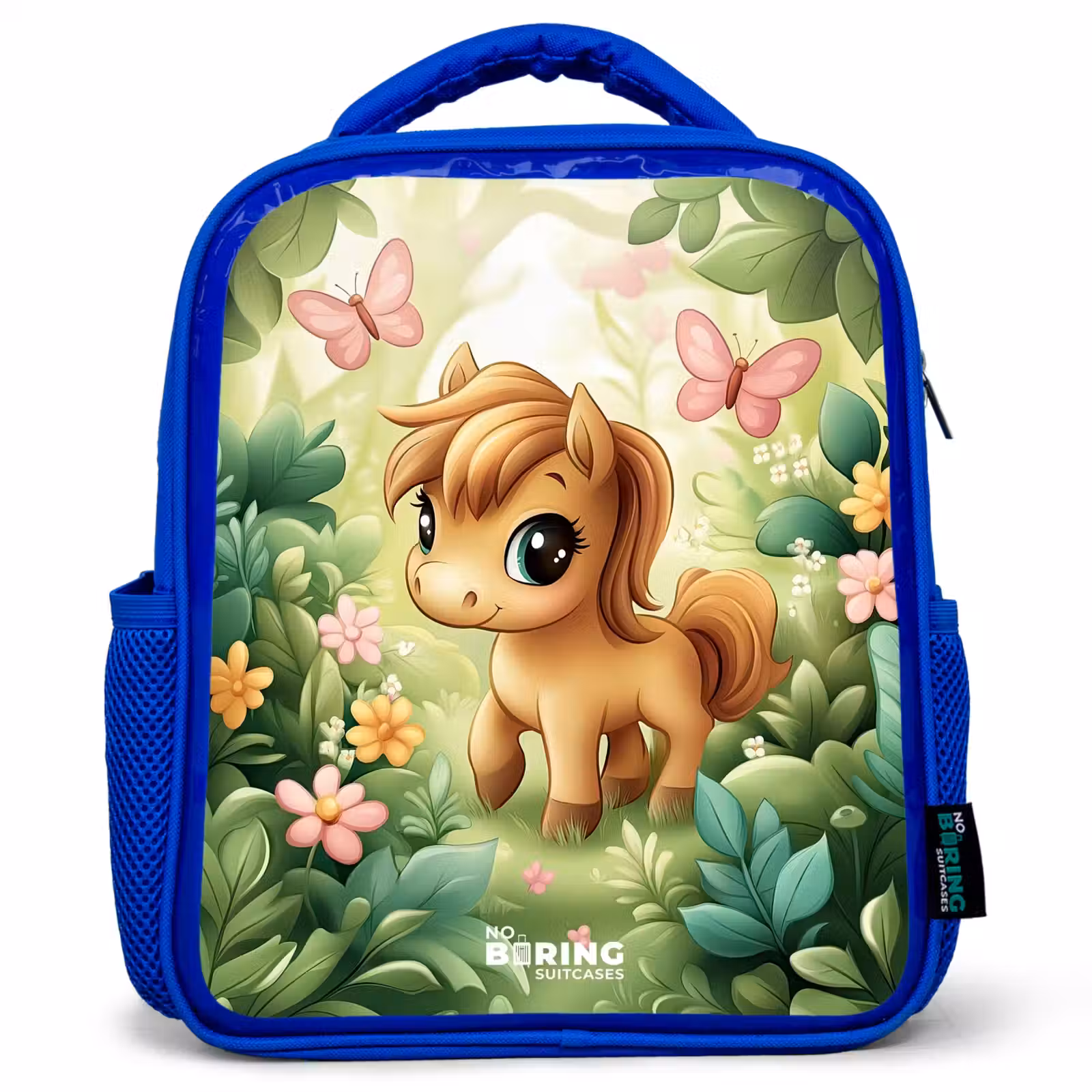 Kids backpack with name - Blue - Horse - Flowers - Butterflies — 1