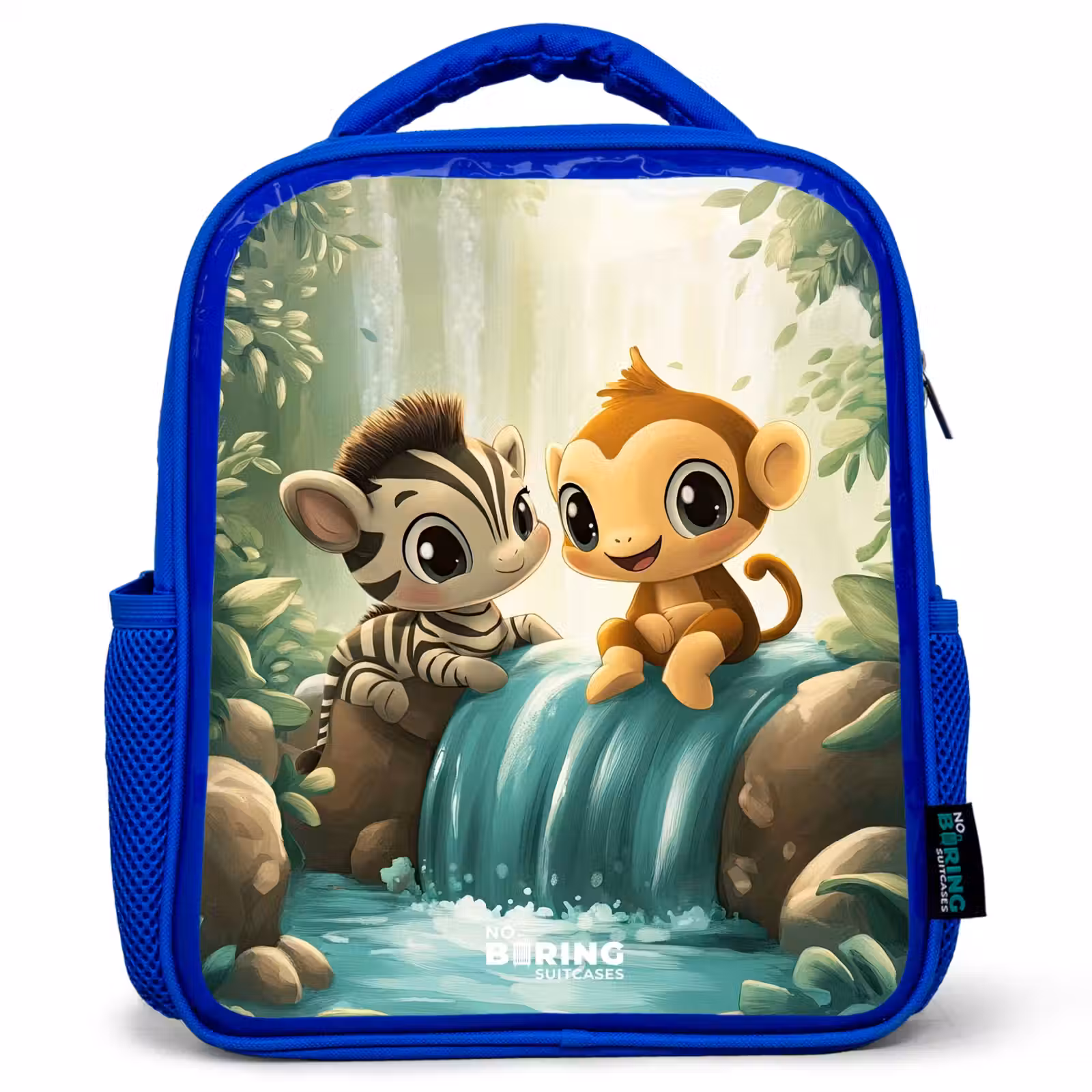Kids backpack with name - Blue - Zebra - Monkey - Waterfall - Rocks — 1