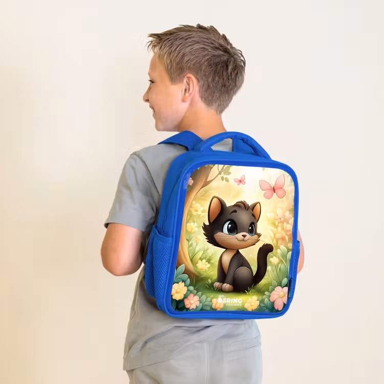 Kids backpack - Blue - Cat - Butterfly - Flowers — 2
