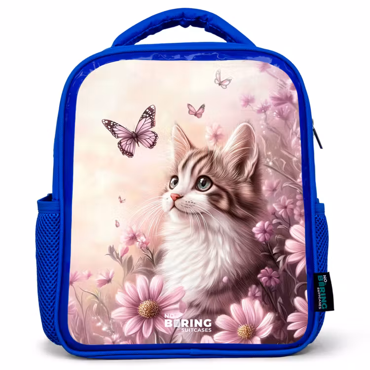 Kids backpack with name - Blue - Cat - Purple - Butterflies - Flowers — 1