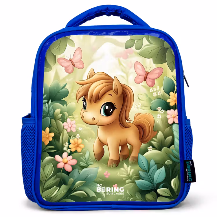 Kids backpack with name - Blue - Horse - Flowers - Butterflies — 1