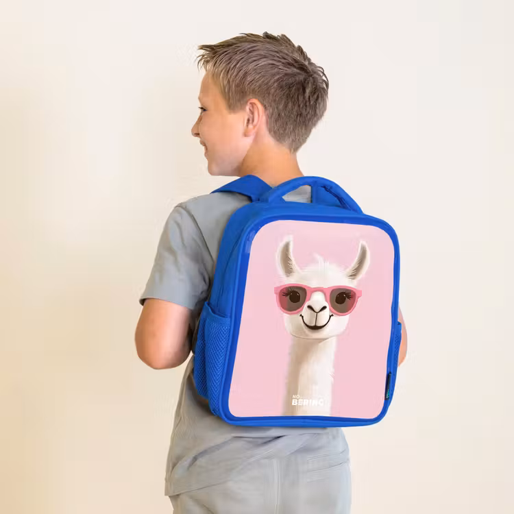 Kids backpack with name - Blue - Llama - White - Sunglasses - Eyelashes — 2