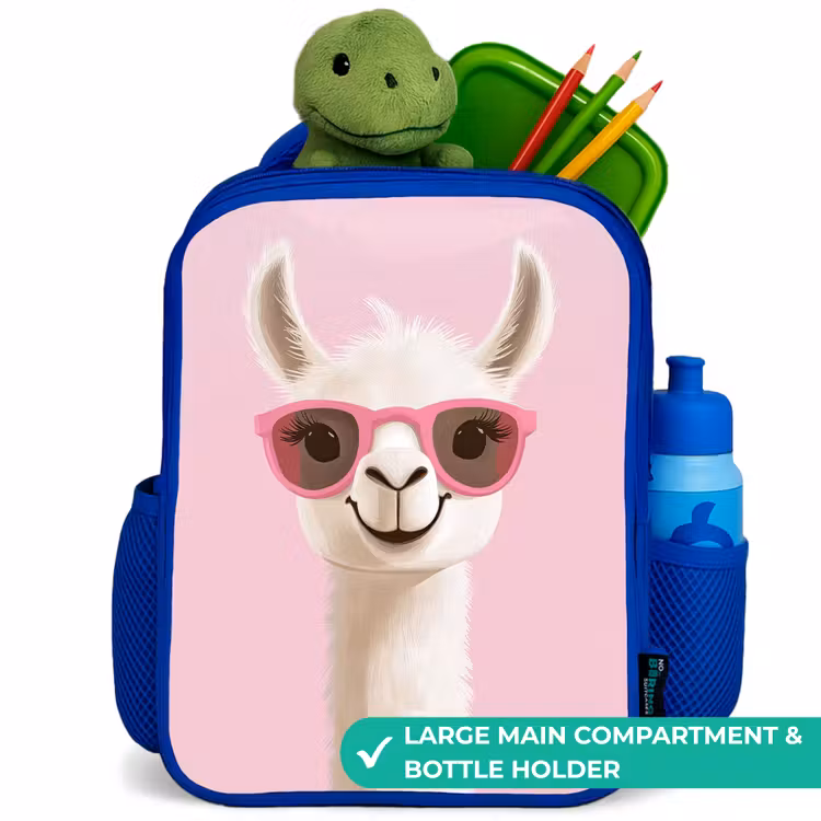 Kids backpack with name - Blue - Llama - White - Sunglasses - Eyelashes — 5