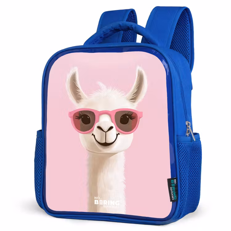 Kids backpack with name - Blue - Llama - White - Sunglasses - Eyelashes — 7
