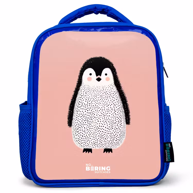 Kids backpack with name - Blue - Penguin - Dots - Pink - Minimalist — 1