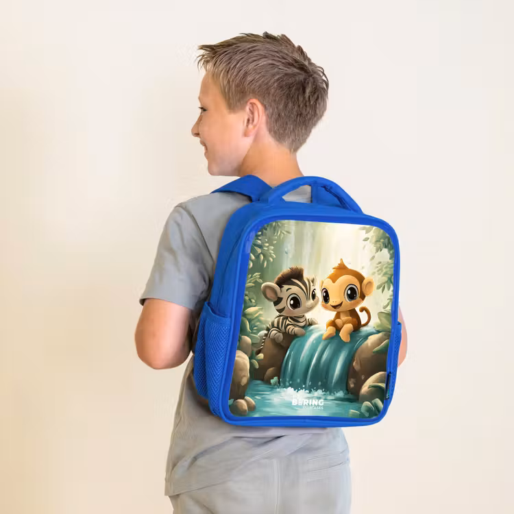 Kids backpack with name - Blue - Zebra - Monkey - Waterfall - Rocks — 2