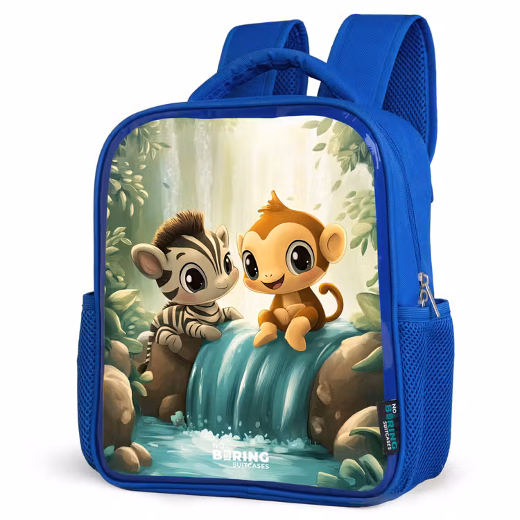 Kids backpack with name - Blue - Zebra - Monkey - Waterfall - Rocks — 7
