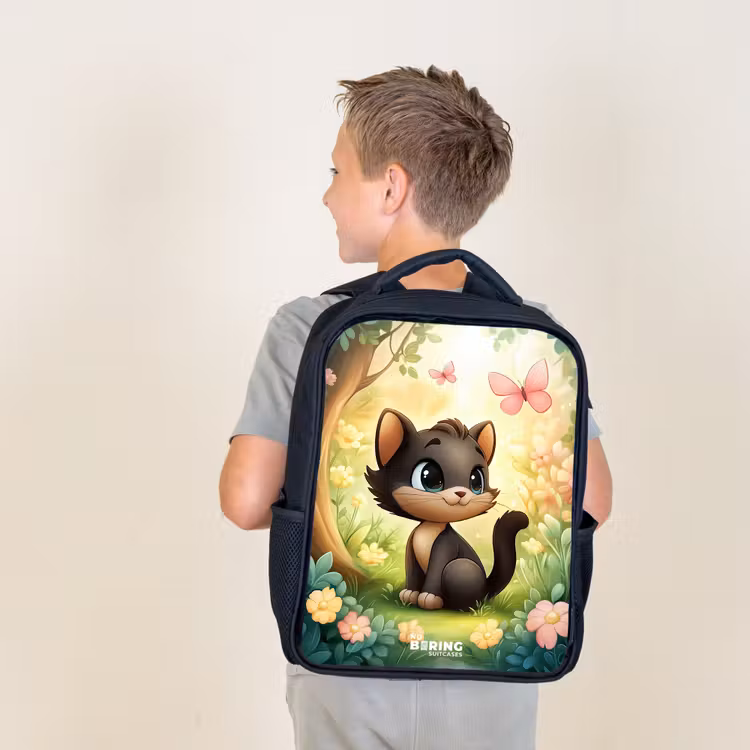 Kids backpack - Black - Cat - Butterfly - Flowers — 2