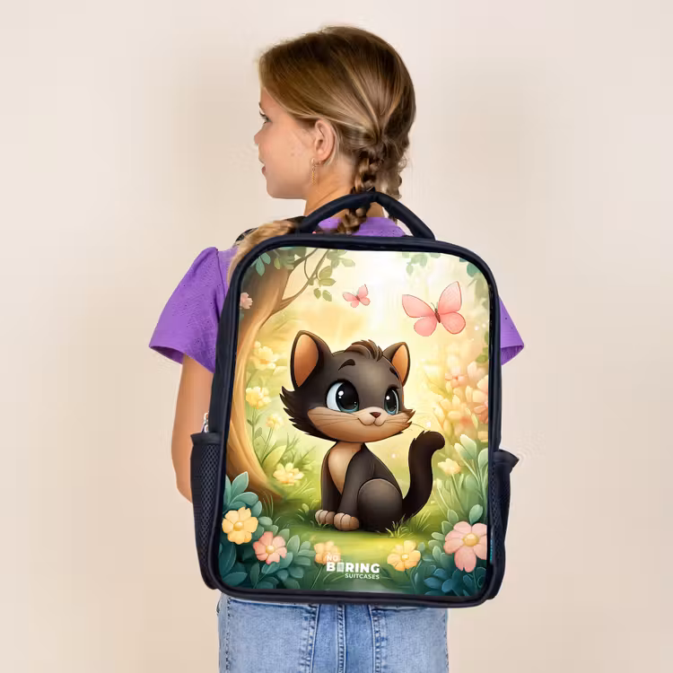 Kids backpack - Black - Cat - Butterfly - Flowers — 4