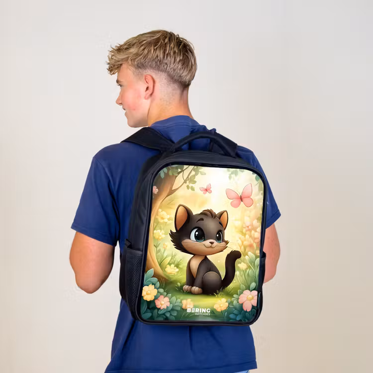 Kids backpack - Black - Cat - Butterfly - Flowers — 5