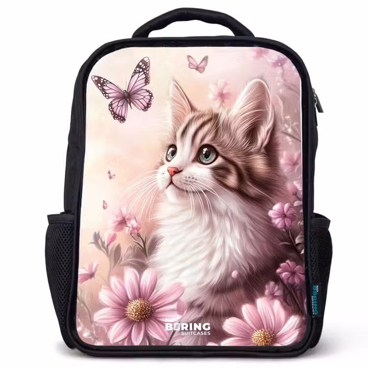 Kids backpack - Black - Cat - Purple - Butterflies - Flowers — 1