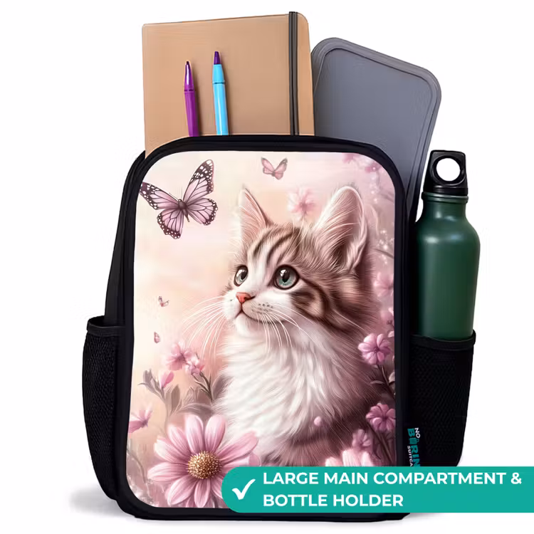 Kids backpack - Black - Cat - Purple - Butterflies - Flowers — 10