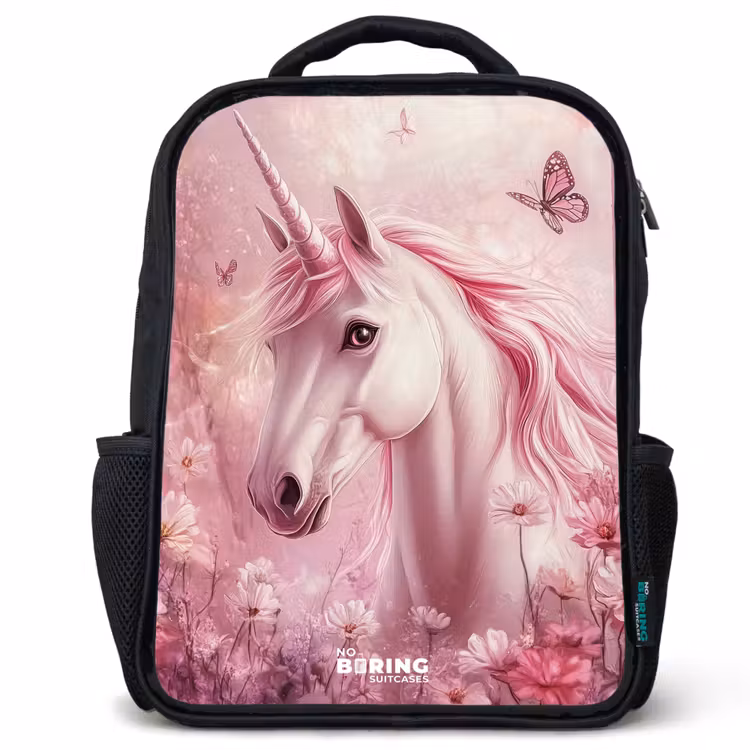 Kids backpack - Black - Unicorn - Pink - Butterflies - Flowers — 1