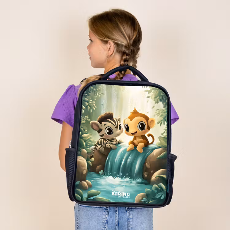 Kids backpack - Black - Zebra - Monkey - Waterfall - Rocks — 4