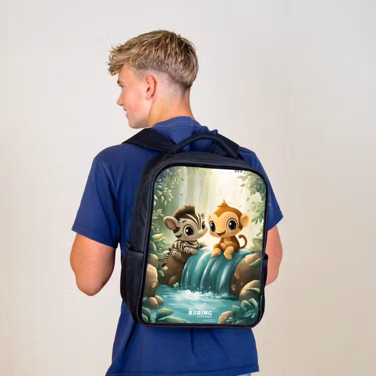 Kids backpack - Black - Zebra - Monkey - Waterfall - Rocks — 5
