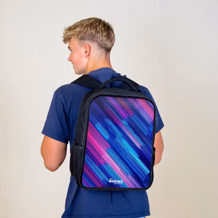 Kids backpack - Black - Neon - Stripes - Abstract - Blue - Pink — 5