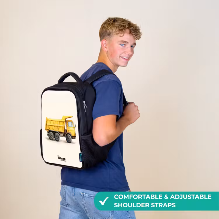 Kids backpack - Black - Dump truck - Signed - Yellow — 11