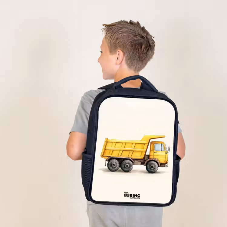 Kids backpack - Black - Dump truck - Signed - Yellow — 2