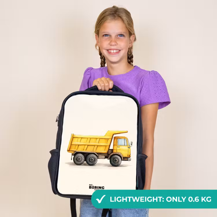 Kids backpack - Black - Dump truck - Signed - Yellow — 9