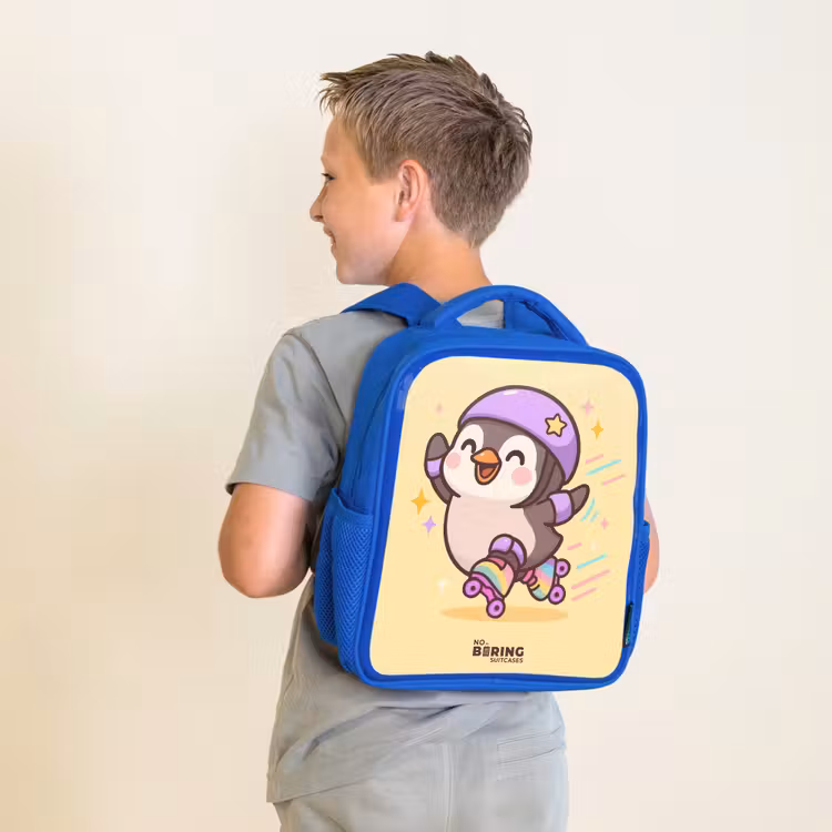 Kids backpack with name - Blue - Kawai - Penguin - Roller skates — 2
