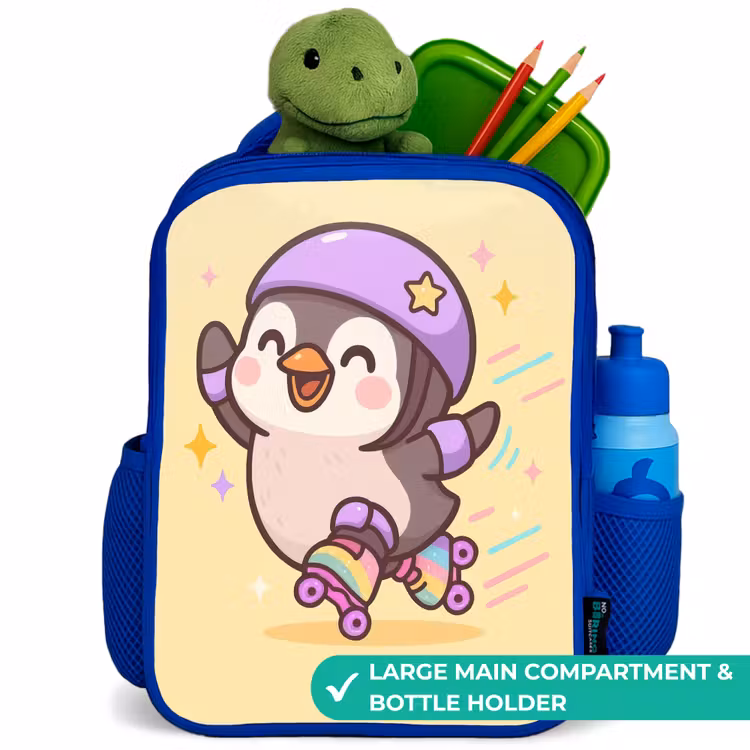 Kids backpack with name - Blue - Kawai - Penguin - Roller skates — 5