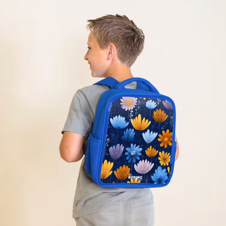 Kids backpack - Blue - Flowers on a dark blue background — 2