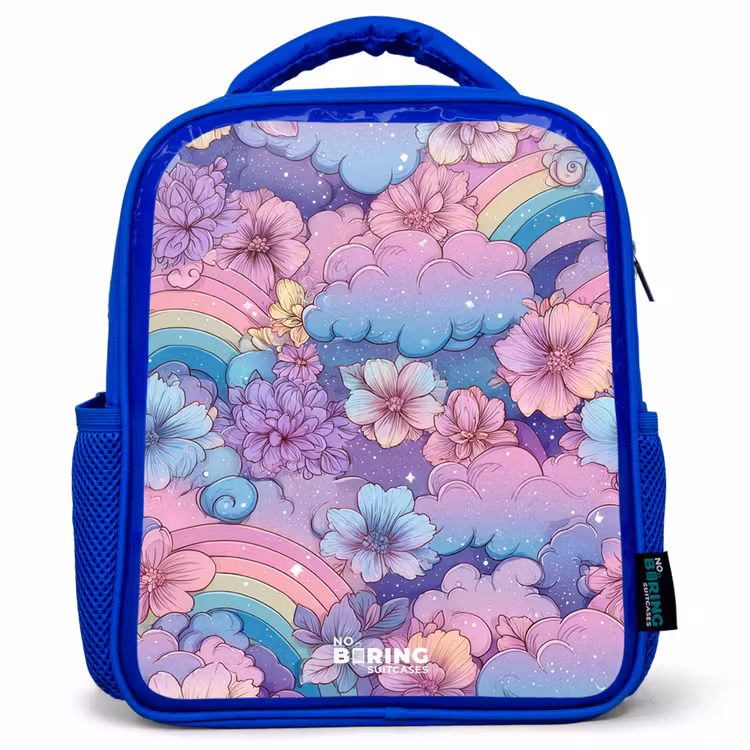 Kids backpack - Blue - Illustration of clouds, rainbows and flowers — 1