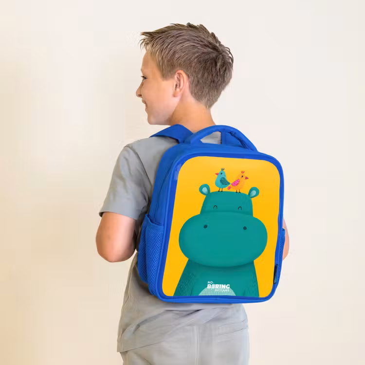 Kids backpack with name - Blue - Hippo - Birds - Yellow — 2