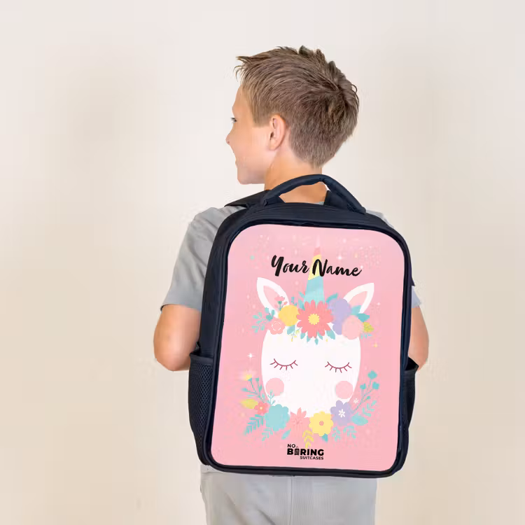 Kids backpack - Black - Unicorn - Flowers - Pink — 2