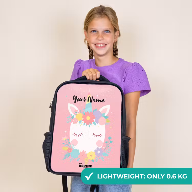 Kids backpack - Black - Unicorn - Flowers - Pink — 9